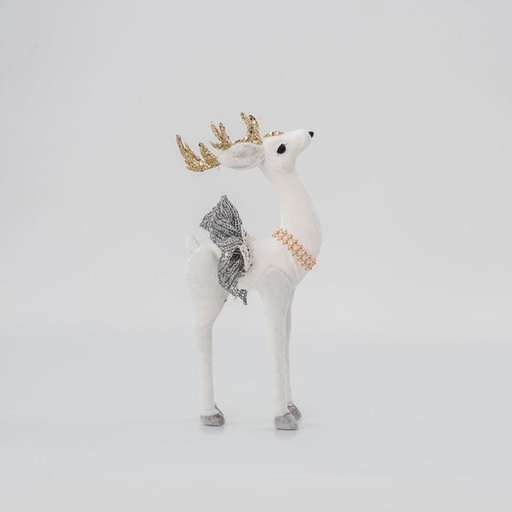 [600-45571] CIERVO DE TERCIOPELO, BLANCO, CON BRILLO DORADO, 19x25x5cm