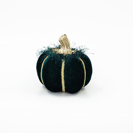 [600-45566] CALABAZA DE TERCIOPELO VERDE OSCURO CON BRILLO DORADO, 15cm