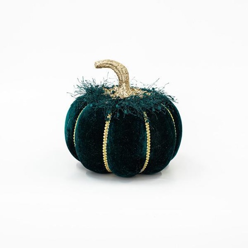 [600-45565] CALABAZA DE TERCIOPELO VERDE OSCURO CON BRILLO DORADO, 20cm