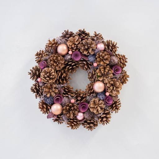 [600-45530] CORONA CON PIÑAS Y ADORNOS ROSAS, 34cm