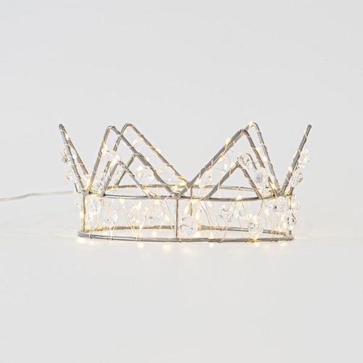 [600-22482] CORONA DE PLATA 21Χ9 CON CRISTALES, 70 MINI LED, FUNCIONA CON BATERÍAS, CON TEMPORIZADOR, HILO DE COBRE PLATA, LED BLANCO CÁLIDO, CABLE 50cm, IP20