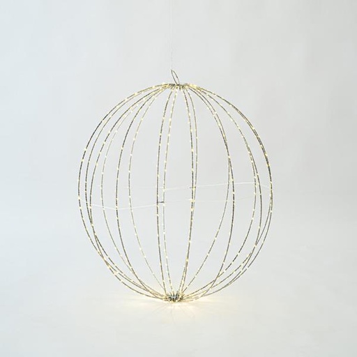[600-22422] BOLA DE METAL PLATA ILUMINADA 60 cm, 480 MINI LED, ADAPTADOR FIJO, CABLE DE COBRE PLATA, LED BLANCO CÁLIDO, CABLE 3 m, IP44