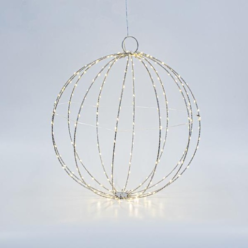 [600-22402] BOLA DE METAL PLATA ILUMINADA 40 cm, 240 MINI LED, ADAPTADOR FIJO, CABLE DE COBRE PLATA, LED BLANCO CÁLIDO, CABLE 3 m, IP44