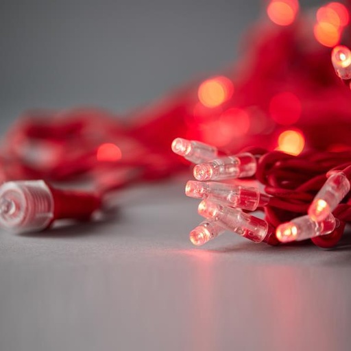 [600-09160] LÍNEA, 100 LED 5mm, 230V, CONECTOR HASTA 9, CABLE 150cm, CABLE DE GOMA ROJA, LED ROJO, POR 10cm, IP65