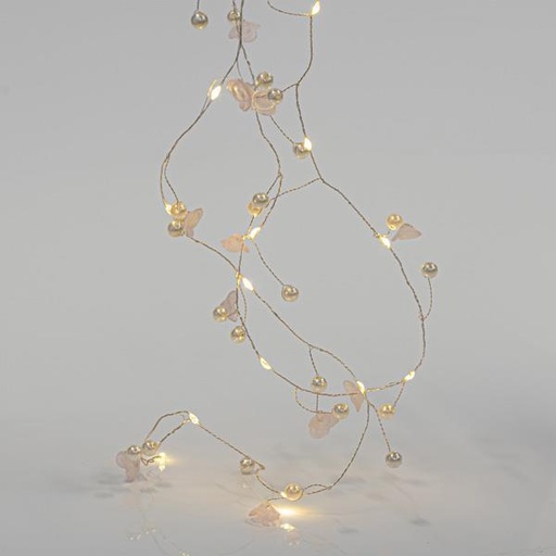 [600-11479] LÍNEA, 20 MINI LED, CON FLORES Y PERLAS ACRÍLICAS, FUNCIONA CON BATERÍAS, CON TEMPORIZADOR, HILO DE COBRE PLATA, LED BLANCO CÁLIDO CADA 7,5cm, CABLE 50cm, IP20