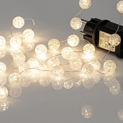 [600-03920] LÍNEA, 100 MINI LED BOLAS ACRÍLICAS 2cm, ADAPTADOR 4,5V, FIJA, CABLE DE COBRE PLATA, LED BLANCO CÁLIDO, POR 5cm, CABLE DE CONDUCCIÓN 3m, IP44