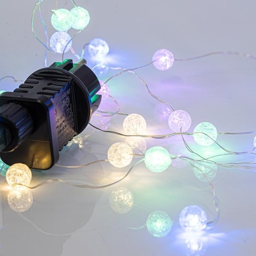 [600-11434] CORTINA, 140 MINI LED, CON BOLAS EFECTO CRACKETE 1,3cm, ADAPTADOR 31V, CONECTOR HASTA 3, HILO DE COBRE PLATA, LED DE 4 COLORES, Al150xAn100cm, CABLE 300cm, IP44