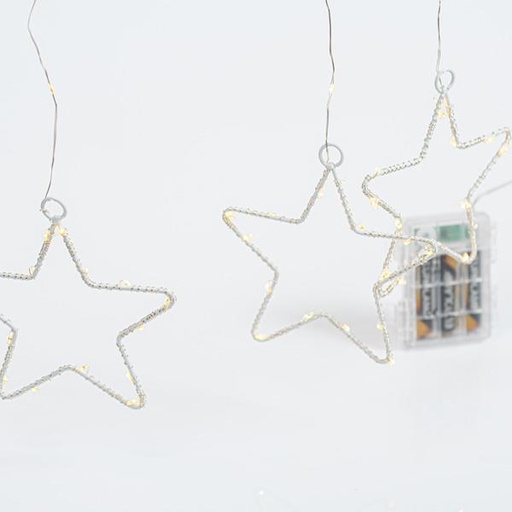 [600-11423] CARÁMBANO, 184 MINI LED CON 8 ESTRELLAS DE METAL 12cm, CAJA DE BATERÍA 3AA CON TEMPORIZADOR, CABLE TRANSPARENTE, LUZ DÍA LED, Al155xAn175cm, CABLE 50cm, IP44