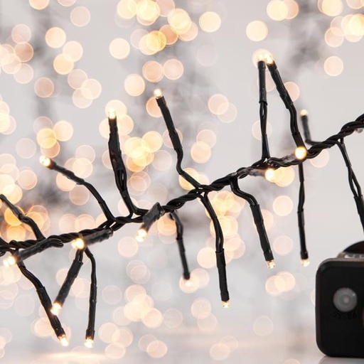 [600-11344] CLUSTER, 6m, 768 LED 3mm, ADAPTADOR 31V CON 8 MULTIFUNCIONES, CABLE VERDE, LED BLANCO CÁLIDO, CABLE 3m, IP44