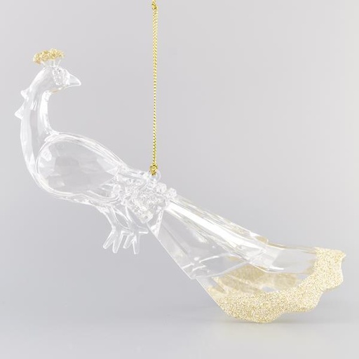 [600-40685] PAVO REAL ACRÍLICO CON BRILLO DORADO SOBRE CORONA, 17,8cm
