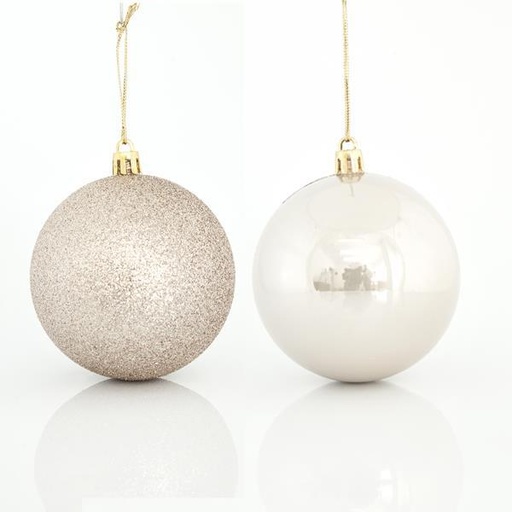 [600-42646] BOLAS BEIGE, PLÁSTICO, SET 6PZS, (2 PERLAS, 4 GLITTER), 8cm