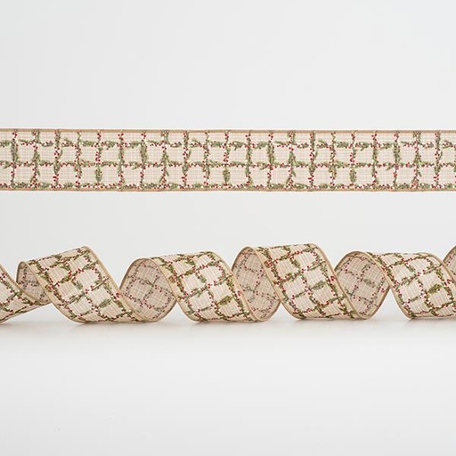 [600-44967] CINTA CUADROS BEIGE, CON DISEÑOS ROJOS Y VERDES, 6,35cm, 10A