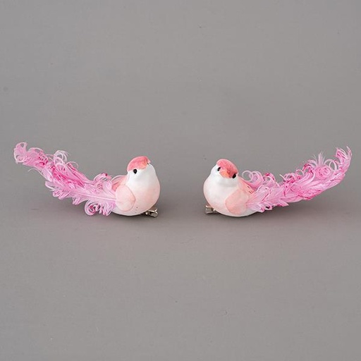 [600-44756] PAJARITO ROSA, CON PLUMAS BLANCAS Y ROSADAS, 12x5cm