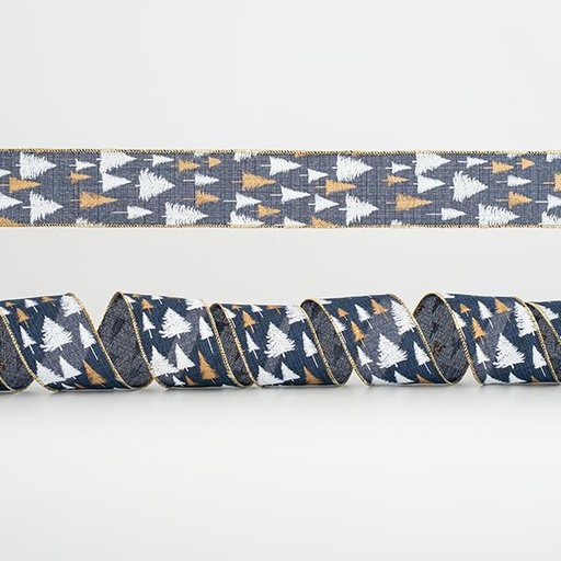 [600-44966] CINTA AZUL, CON ARBOLES BLANCOS Y DORADOS, 6,35cm, 10A