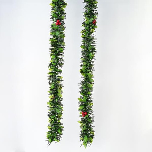 [600-30343] TRENZA NAVIDEÑA, VERDE CON HOJAS Y BAYAS, _9cm, 200cm