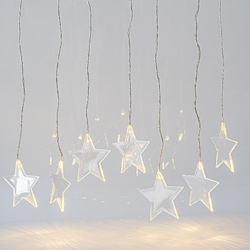 [600-11445] CORTINA, 8 LED 5mm, CON ESTRELLAS 11cm, ADAPTADOR 4.5V, CONECTOR HASTA 3, CABLE TRANSPARENTE, LED BLANCO CÁLIDO, H60 x L100cm, CABLE 3m, IP44