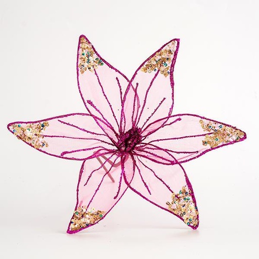 [600-44768] FLOR DE ORGANZA, TRANSPARENTE ROJO OSCURO CON BRILLO, 30cm