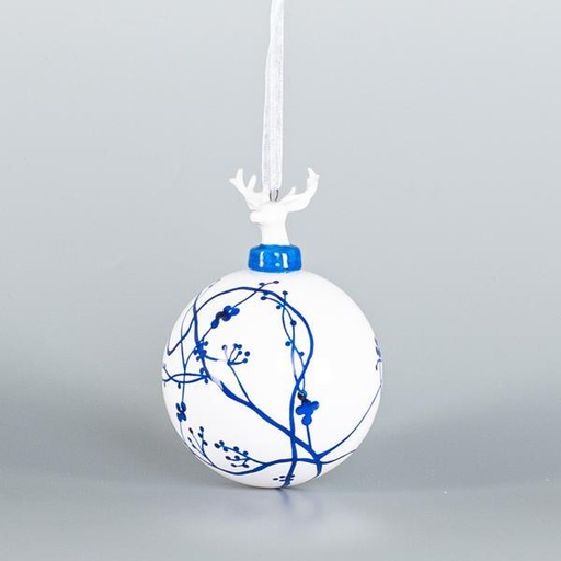 [600-44877] BOLA DE CRISTAL CON RENO DE PORCELANA, BLANCO, CON DISEÑOS AZULES, 8cm, UDS 1