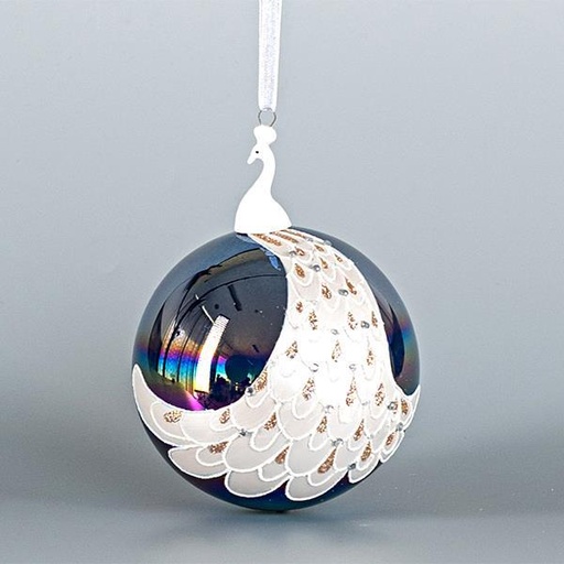 [600-44866] BOLA DE CRISTAL, AZUL CON PAVO REAL DE PORCELANA, 10cm, UDS 1