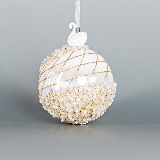 [600-44876] BOLA DE CRISTAL, BLANCO IREDISCENTE CON CISNE DE PORCELANA, CON CUENTAS, 10cm, UDS 1