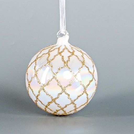[600-44869] BOLA DE CRISTAL, BLANCO IREDISCENTE, CON DISEÑOS DORADOS, 8cm, UDS 1