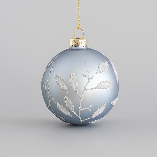 [600-45065] BOLA DE CRISTAL, AZUL CLARO MATE, CON HOJAS BRILLANTES, SET 4PZS, 8cm