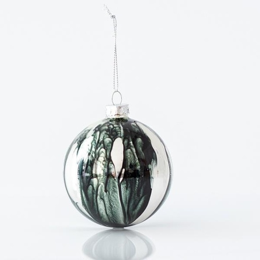 [600-45085] BOLA DE CRISTAL, PLATA, CON DISEÑOS EN NEGRO, SET 4PZS, 8cm