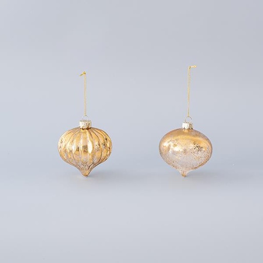 [600-45042] ADORNO DE VIDRIO, CEBOLLA, DORADO, 2 DISEÑOS, SET 4PZS, 8cm