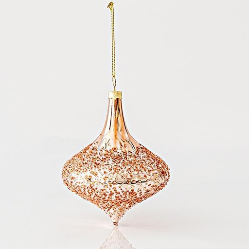 [600-45116] ADORNO DE VIDRIO, CEBOLLA, ORO ROSA, CON LENTEJUELAS EN EL INTERIOR, SET 4PZS, 10x11,5cm