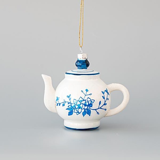 [600-45127] ADORNO DE CRISTAL, TETERA, CON FLORES AZULES, SET 4PZS, 11x7,5x10cm