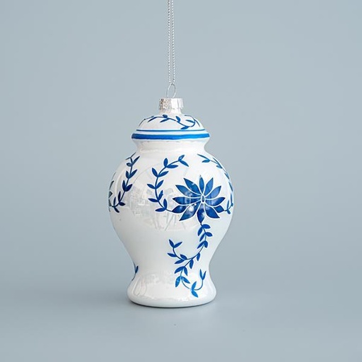 [600-45128] ADORNO DE CRISTAL, JARRON, BLANCO CON FLORES AZULES, SET 2PZS, 7,5x12,2cm