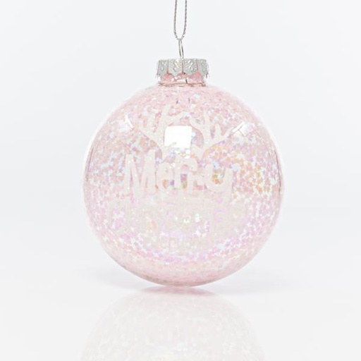 [600-42421] BOLA DE CRISTAL TRANSPARENTE CON ESTRELLAS ROSAS EN EL INTERIOR, SET 4PZS, 8cm