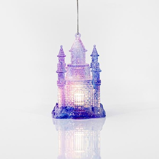 [600-44657] CASTILLO DE ACRÍLICO ILUMINADO, MORADO, FUNCIONA CON PILAS, 7,4x11,3cm
