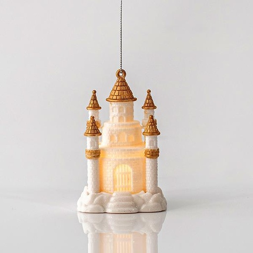 [600-44658] CASTILLO DE ACRÍLICO ILUMINADO BLANCO CON DORADO A PILAS 7,4x11,3cm