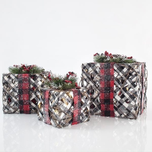 [600-31022] CAJAS DE REGALO ILUMINADAS CON ESTAMPADO A CUADROS BLANCO - NEGRO, 3ud, 15cm/20cm/25cm