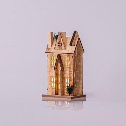 [600-45296] CASA DE MADERA ILUMINADA, 3 LED, PILAS, BLANCO CÁLIDO, 17x11x31cm