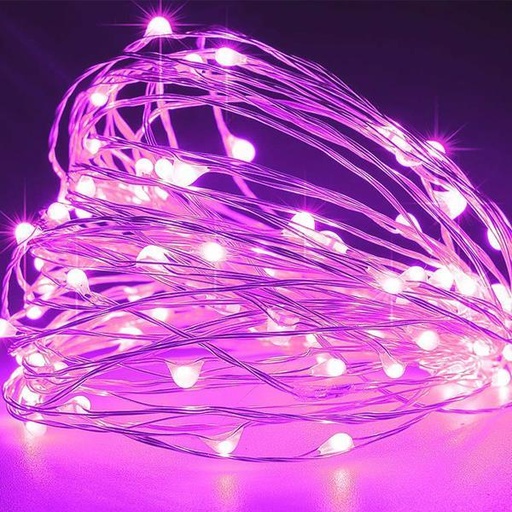 [600-11733] LINEA 100 MINI LED, 3,5V, FIJA, CON ADAPTADOR, CABLE 500cm, CABLE COLOR PLATA, LED ROSA, POR 10cm, IP44