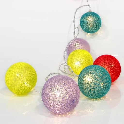 [600-11123] LÍNEA, 10 LED 5mm BOLAS MULTI ALGODÓN 6cm, CAJA DE PILAS 3xAA, CABLE TRANSPARENTE, LED BLANCO CÁLIDO POR 15cm, CABLE DE PLOMO 50cm, IP20