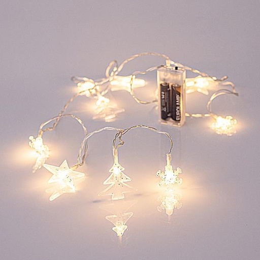 [600-11233] LINEA, 10 LED 5mm CON 4 COPOS DE NIEVE ACRÍLICOS, ESTRELLAS Y ÁRBOLES, CAJA DE PILAS 2xAA, CABLE TRANSPARENTE, LED BLANCO CÁLIDO POR 15cm, CABLE DE PLOMO 50cm, IP20