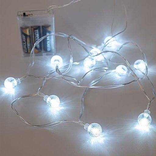 [600-11239] LINEA, 10 LED 5mm CON BOLAS ACRILICO TRANSPARENTE 1,8cm, CAJA DE PILAS 3xAA, CABLE TRANSPARENTE, LED BLANCO POR 15cm, CABLE 50cm, IP20