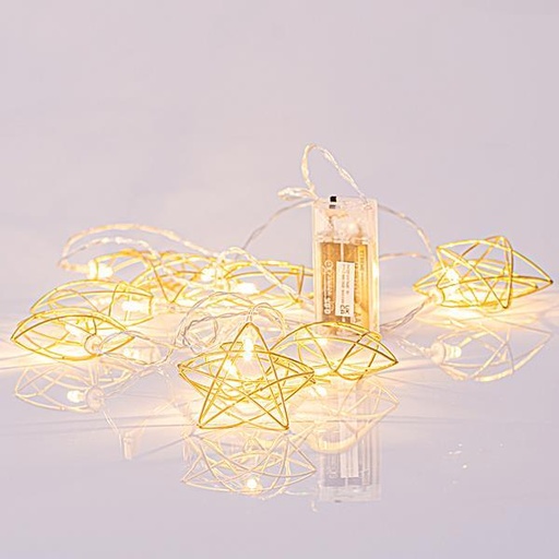 [600-11470] LÍNEA, 10 LED 5mm CON ESTRELLAS METALIZADAS DORADAS 6,8cm, CAJA DE PILAS 2xAA, CABLE TRANSPARENTE, LED BLANCO CÁLIDO POR 15cm, CABLE DE PLOMO 30cm, IP20