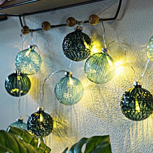 [600-11249] LINEA, 10 LED 5mm CON BOLAS VIDRIO VERDE 6cm, ADAPTADOR 4,5V, HILO TRANSPARENTE, LED BLANCO CALIDO POR 15cm, CABLE 3m, IP44