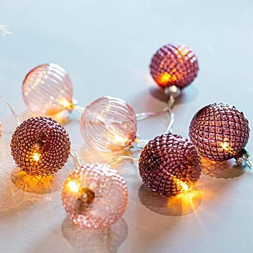 [600-11208] LINEA, 10 LED 5mm CON BOLAS DE CRISTAL ROSA 6cm PILAS 3xAA, CABLE TRANSP, LED BLANCO CÁLIDO 15cm, CABLE DE PLOMO 50cm, IP20