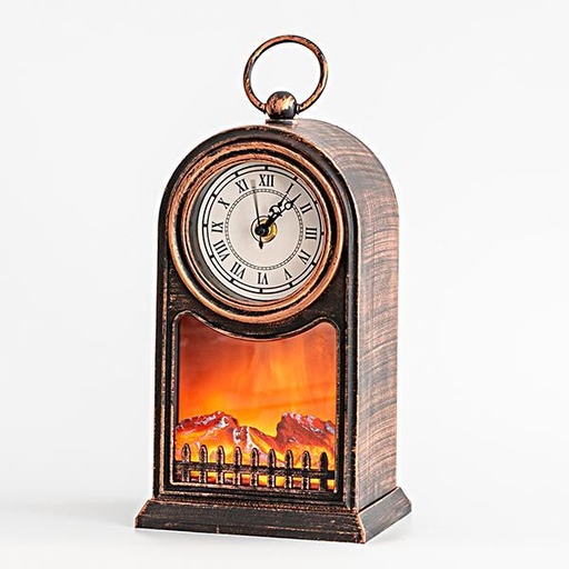 [600-44789] RELOJ CHIMENEA PLÁSTICO NEGRO, COLOR COBRE VINTAGE, 3 LED, PILAS, TEMPORIZADOR, CON EFECTO LLAMA, 15x12x27,5cm