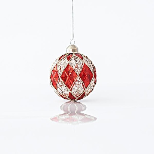 [600-45100] BOLA DE CRISTAL EN ELEVADO, ROJA Y PLATA, CON BRILLO, SET 4PZS, 8cm