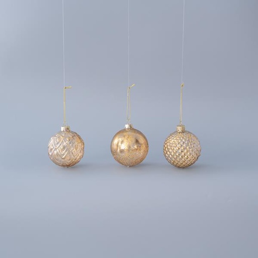 [600-45043] BOLA CRISTAL RELIEVE, ORO TRANSPARENTE, RELIEVE, 3 DISEÑOS, SET 4PZS, 8cm