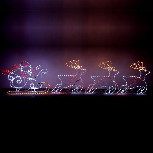 [600-20107] PAPÁ NOEL CON TRINEO Y 3 RENOS CABLE DE LUZ LED 25m 2 VÍAS CON PROGRAMA 400x75cm IP44
