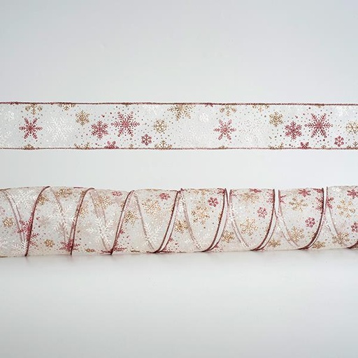 [600-44972] CINTA TRANSPARENTE, CON COPOS DE NIEVE PLATA Y ROSA, 6,35cm, 10A