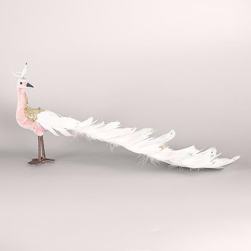[600-44730] PAVO REAL DE TERCIOPELO, ROSA, CON PLUMAS BLANCAS, 35x19cm
