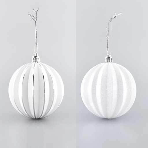 [600-42666] BOLAS BLANCAS GRABADAS CON BRILLOS PLATA Y BLANCOS, SET 6PZS, 8cm